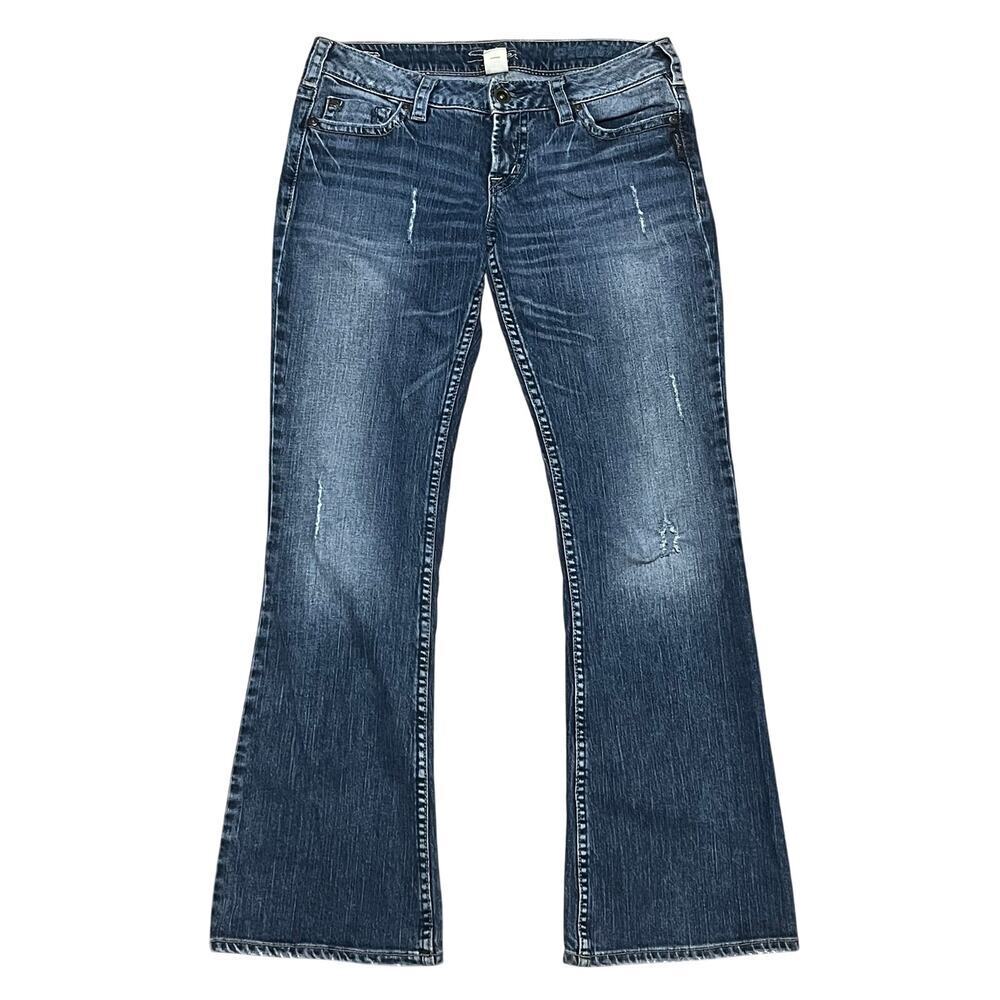 VTG Y2K Silver Jeans Pioneer Flare Womens 29x31 Embroidered Flap Pockets Stitch